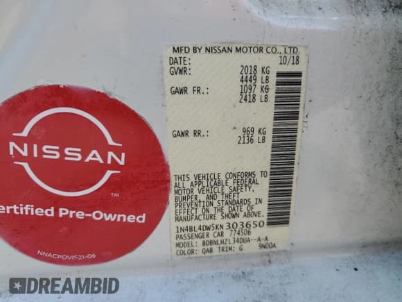 ✅ 2019 Nissan Altima SV • VIN: 1N4BL4DW5KN303650 • Lot: 87226255. Wystawiony na Copart z przebiegiem 70 793 mil. Bezpłatny archiwum sprzedaży aukcyjnych z USA i szczegółowy raport historii pojazdu na DreamBid. Zdjęcie 12.