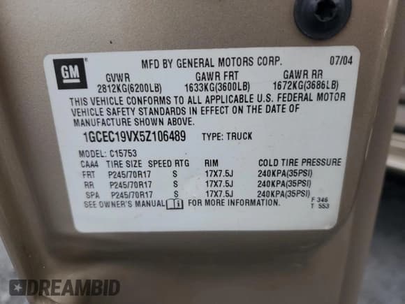 ✅ 2005 Chevrolet Silverado 1500 • VIN: 1GCEC19VX5Z106489 • Лот: 43165345. Опубликован ранее на Copart с пробегом 235 246 миль. Бесплатный доступ к архиву аукционных продаж из США и подробный отчёт об истории автомобиля на DreamBid. Изображение 12.