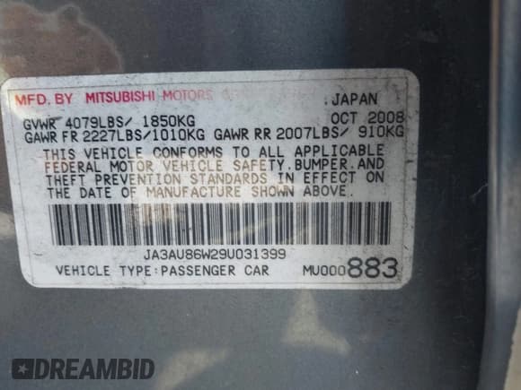 ✅ 2009 Mitsubishi Lancer GTS • VIN: JA3AU86W29U031399 • Lot: 43676982. Listed on IAAI with 116,456 mi. Free auction sales archive from the USA and detailed vehicle history report at DreamBid. Image 9.