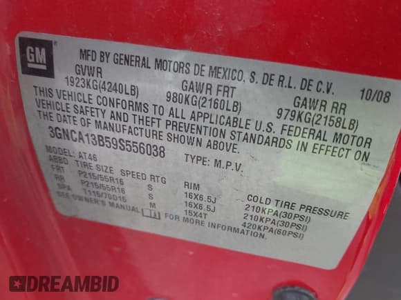 ✅ 2009 Chevrolet HHR LS • VIN: 3GNCA13B59S556038 • Lot: 41375223. Listed on IAAI with 206,656 mi. Free auction sales archive from the USA and detailed vehicle history report at DreamBid. Image 9.