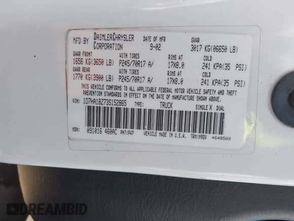 2003 Dodge 1500 ST z VIN 1D7HA18Z73S152865, wystawiony jako IAAI lot #41658091 z przebiegiem 126 808 mil mil oraz . Historia ofert i sprzedaży dostępna na DreamBid. Obrazek 9.