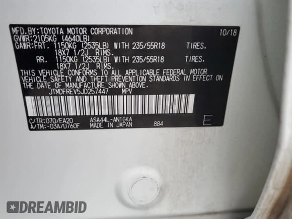 ✅ 2018 Toyota RAV4 Limited • VIN: JTMDFREV5JD257447 • Lot: 82667225. Listed on Copart with 147,875 mi. Free auction sales archive from the USA and detailed vehicle history report at DreamBid. Image 12.