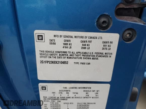 ✅ 1999 Chevrolet Camaro • VIN: 2G1FP22K8X2104852 • Lot: 85431745. Listed on Copart with Not provided. Free auction sales archive from the USA and detailed vehicle history report at DreamBid. Image 12.