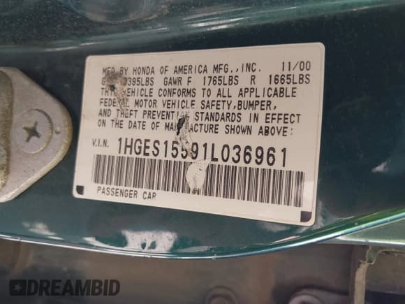 ✅ 2001 Honda Civic LX • VIN: 1HGES15591L036961 • Lot: 42776822. Listed on IAAI with 325,199 mi. Free auction sales archive from the USA and detailed vehicle history report at DreamBid. Image 9.