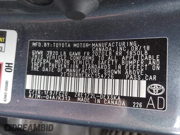 ✅ 2019 Toyota Corolla LE • VIN: 2T1BURHEXKC154726 • Lot: 43631625. Wystawiony na IAAI z przebiegiem 80 509 mil. Bezpłatny archiwum sprzedaży aukcyjnych z USA i szczegółowy raport historii pojazdu na DreamBid. Zdjęcie 9.