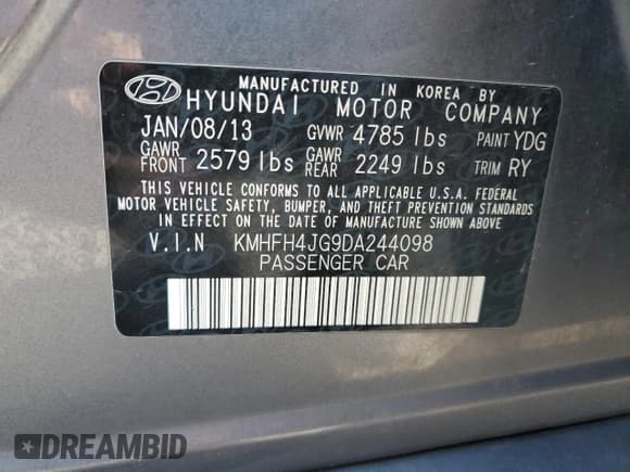✅ 2013 Hyundai Azera • VIN: KMHFH4JG9DA244098 • Lot: 81301755. Listed on Copart with Not provided. Free auction sales archive from the USA and detailed vehicle history report at DreamBid. Image 13.