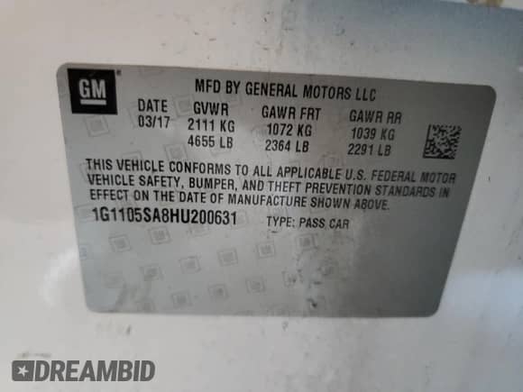 2017 Chevrolet Impala LT with VIN 1G1105SA8HU200631, listed as a Copart auction lot 86831225 with 125,858 mi miles and Clean title. Bid and sale history available at DreamBid. Image 12.