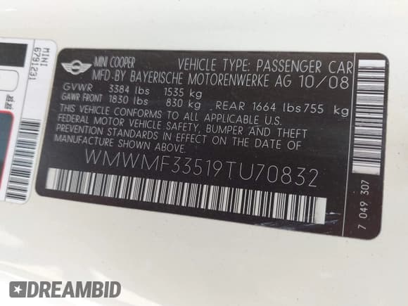 ✅ 2009 MINI Hardtop • VIN: WMWMF33519TU70832 • Lot: 42902421. Listed on IAAI with 88,144 mi. Free auction sales archive from the USA and detailed vehicle history report at DreamBid. Image 9.