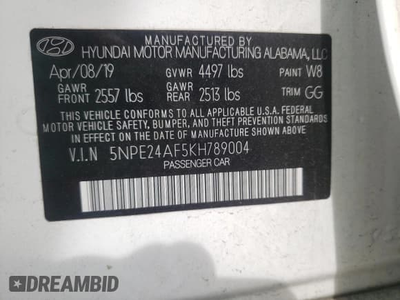 ✅ 2019 Hyundai Sonata SE • VIN: 5NPE24AF5KH789004 • Lot: 48388993. Listed on Copart with 10,112 mi. Free auction sales archive from the USA and detailed vehicle history report at DreamBid. Image 12.