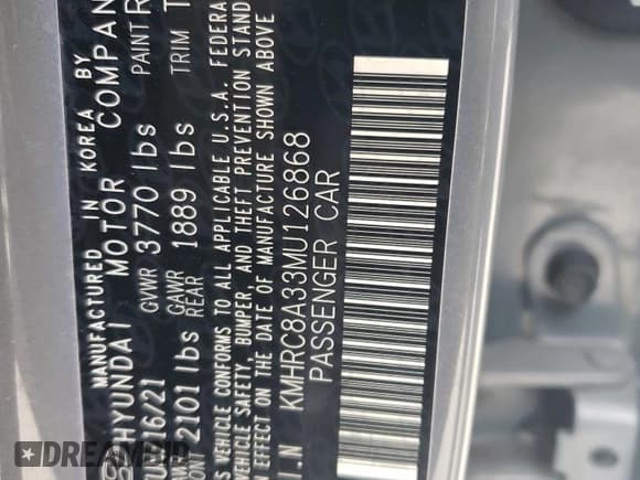 ✅ 2021 Hyundai Venue SEL • VIN: KMHRC8A33MU126868 • Lot: 44146425. Listed on Copart with 76,569 mi. Free auction sales archive from the USA and detailed vehicle history report at DreamBid. Image 13.