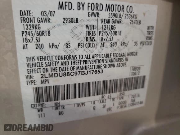 ✅ 2007 Lincoln MKX • VIN: 2LMDU88C97BJ17653 • Lot: 86154375. Listed on Copart with 275,164 mi. Free auction sales archive from the USA and detailed vehicle history report at DreamBid. Image 13.