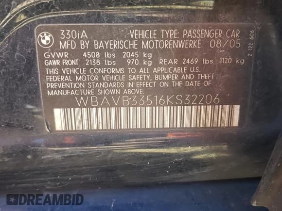 ✅ 2006 BMW 3 Series 330i • VIN: WBAVB33516KS32206 • Lot: 89664025. Listed on Copart with 192,344 mi. Free auction sales archive from the USA and detailed vehicle history report at DreamBid. Image 12.