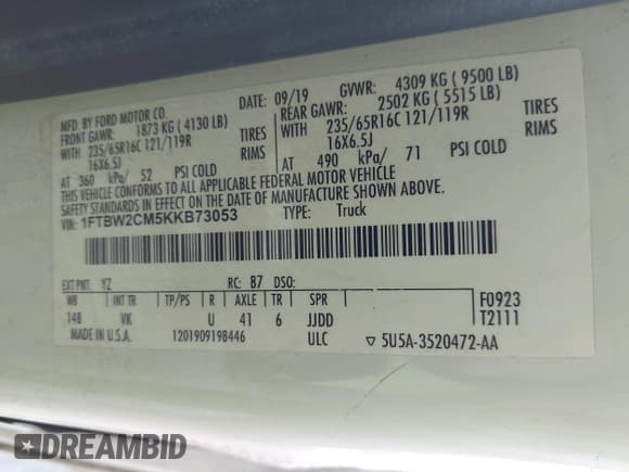 ✅ 2019 Ford Transit • VIN: 1FTBW2CM5KKB73053 • Lot: 41660194. Wystawiony na IAAI z przebiegiem 131 613 mil. Bezpłatny archiwum sprzedaży aukcyjnych z USA i szczegółowy raport historii pojazdu na DreamBid. Zdjęcie 9.