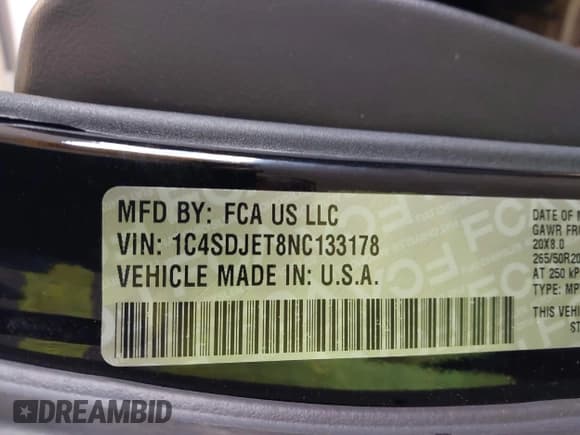 ✅ 2022 Dodge Durango Citadel • VIN: 1C4SDJET8NC133178 • Lot: 42559755. Listed on IAAI with 61,736 mi. Free auction sales archive from the USA and detailed vehicle history report at DreamBid. Image 9.