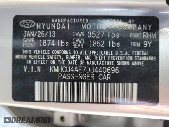 2013 Hyundai Accent GLS с VIN KMHCU4AE7DU440696, выставлен на аукционе Copart как лот 85887415 с пробегом 165 396 миль миль и Списание • Salvage title. История ставок и продаж доступна на DreamBid. Изображение 12.