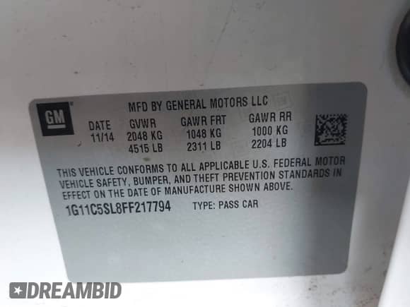 2015 Chevrolet Malibu LT with VIN 1G11C5SL8FF217794, listed as a IAAI auction lot 43337832 with 141,756 mi miles and . Bid and sale history available at DreamBid. Image 9.