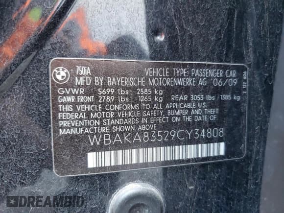 ✅ 2009 BMW 7 Series 750i • VIN: WBAKA83529CY34808 • Lot: 58170775. Listed on Copart with 165,710 mi. Free auction sales archive from the USA and detailed vehicle history report at DreamBid. Image 12.