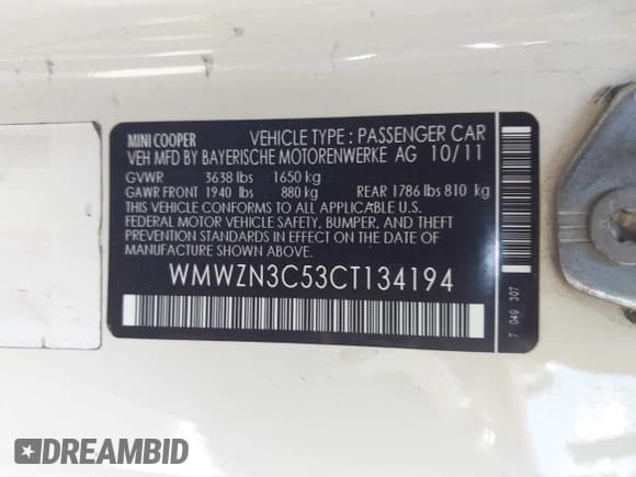 ✅ 2012 MINI Convertible • VIN: WMWZN3C53CT134194 • Lot: 42261686. Listed on IAAI with 104,099 mi. Free auction sales archive from the USA and detailed vehicle history report at DreamBid. Image 9.