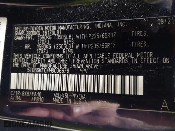 ✅ 2021 Toyota Sienna LE • VIN: 5TDBSKFC4MS036678 • Lot: 42897907. Listed on IAAI with 180,005 mi. Free auction sales archive from the USA and detailed vehicle history report at DreamBid. Image 9.