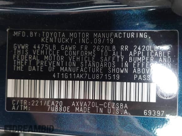 2020 Toyota Camry SE с VIN 4T1G11AK7LU871519, выставлен на аукционе IAAI как лот 43422631 с пробегом 46 582 миль миль и . История ставок и продаж доступна на DreamBid. Изображение 9.