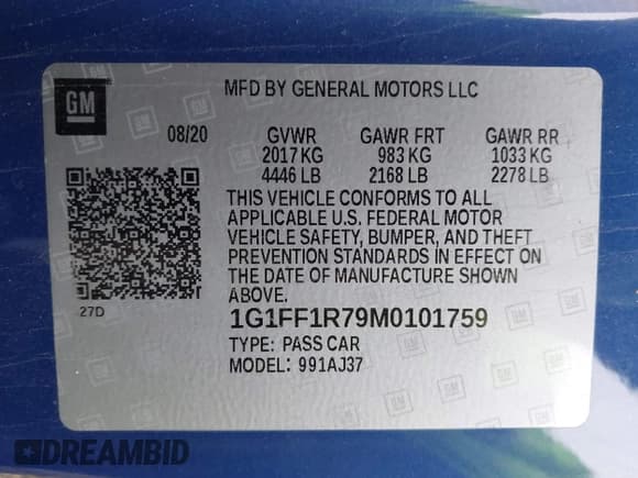 ✅ 2021 Chevrolet Camaro LT1 • VIN: 1G1FF1R79M0101759 • Lot: 43662703. Listed on IAAI with 83,220 mi. Free auction sales archive from the USA and detailed vehicle history report at DreamBid. Image 9.