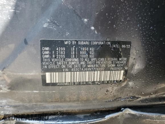 ✅ 2022 Subaru Impreza Special Sports • VIN: 4S3GTAJ6XN1726092 • Lot: 60402465. Listed on Copart with 119,535 mi. Free auction sales archive from the USA and detailed vehicle history report at DreamBid. Image 13.