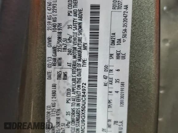 ✅ 2013 Ford Escape SE • VIN: 1FMCU9GX5DUC84972 • Lot: 84043425. Wystawiony na Copart z przebiegiem 152 003 mil. Bezpłatny archiwum sprzedaży aukcyjnych z USA i szczegółowy raport historii pojazdu na DreamBid. Zdjęcie 13.