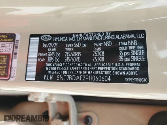 2023 Hyundai Santa Cruz SEL с VIN 5NTJBDAE2PH060604, выставлен на аукционе Copart как лот 76507544 с пробегом 8 146 миль миль и Списание • Salvage title. История ставок и продаж доступна на DreamBid. Изображение 14.