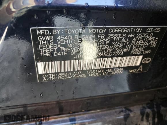 ✅ 2006 Lexus GS 300 • VIN: JTHBH96S365007274 • Lot: 82466995. Wystawiony na Copart z przebiegiem 241 915 mil. Bezpłatny archiwum sprzedaży aukcyjnych z USA i szczegółowy raport historii pojazdu na DreamBid. Zdjęcie 12.