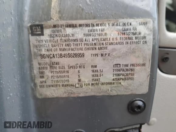 ✅ 2009 Chevrolet HHR LS • VIN: 3GNCA13B49S628959 • Lot: 86799034. Listed on Copart with 151,495 mi. Free auction sales archive from the USA and detailed vehicle history report at DreamBid. Image 13.