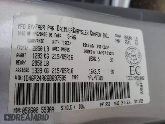 2006 Dodge Grand Caravan SE with VIN 1D4GP24R66B697589, listed as a Copart auction lot 90105685 with 303,817 mi miles and Salvage title. Bid and sale history available at DreamBid. Image 13.