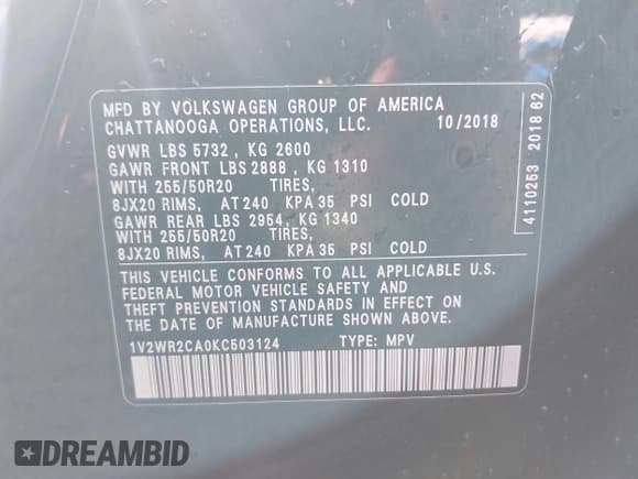 ✅ 2019 Volkswagen Atlas SE • VIN: 1V2WR2CA0KC503124 • Lot: 42737901. Wystawiony na IAAI z przebiegiem 90 270 mil. Bezpłatny archiwum sprzedaży aukcyjnych z USA i szczegółowy raport historii pojazdu na DreamBid. Zdjęcie 9.