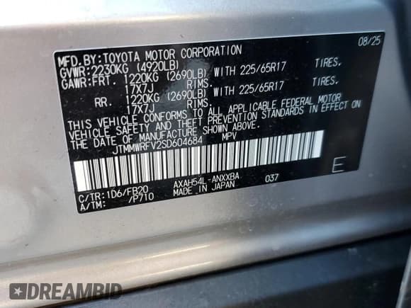 ✅ 2025 Toyota RAV4 Hybrid LE • VIN: JTMMWRFV2SD604684 • Lot: 87206985. Listed on Copart with 4,415 mi. Free auction sales archive from the USA and detailed vehicle history report at DreamBid. Image 13.