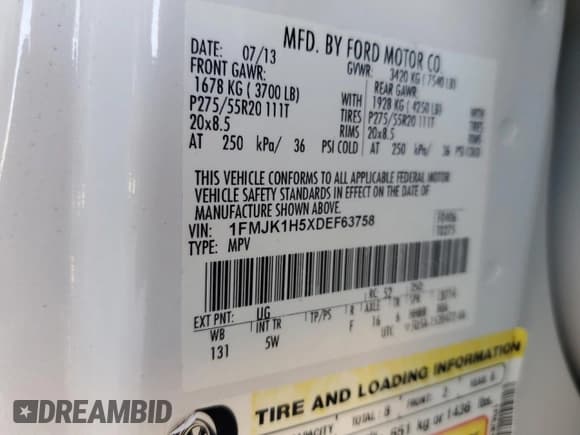 ✅ 2013 Ford Expedition Max XLT • VIN: 1FMJK1H5XDEF63758 • Lot: 55295215. Listed on Copart with 154,111 mi. Free auction sales archive from the USA and detailed vehicle history report at DreamBid. Image 13.