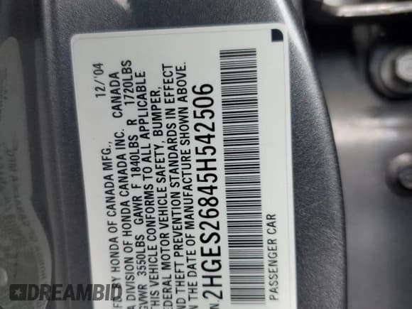 ✅ 2005 Honda Civic EX SSRS • VIN: 2HGES26845H542506 • Лот: 64563685. Опубликован ранее на Copart с пробегом 168 834 миль. Бесплатный доступ к архиву аукционных продаж из США и подробный отчёт об истории автомобиля на DreamBid. Изображение 12.