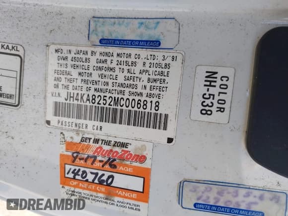 ✅ 1991 Acura Legend • VIN: JH4KA8252MC006818 • Лот: 41979486. Опубликован ранее на IAAI с пробегом 159 408 миль. Бесплатный доступ к архиву аукционных продаж из США и подробный отчёт об истории автомобиля на DreamBid. Изображение 9.