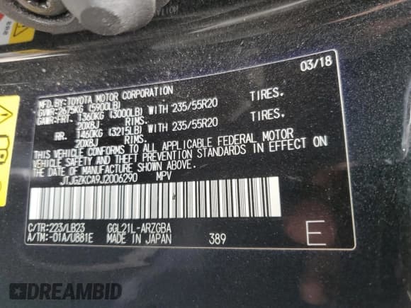 ✅ 2018 Lexus RX 350L Premium • VIN: JTJGZKCA9J2006290 • Lot: 56917285. Listed on Copart with 70,560 mi. Free auction sales archive from the USA and detailed vehicle history report at DreamBid. Image 12.