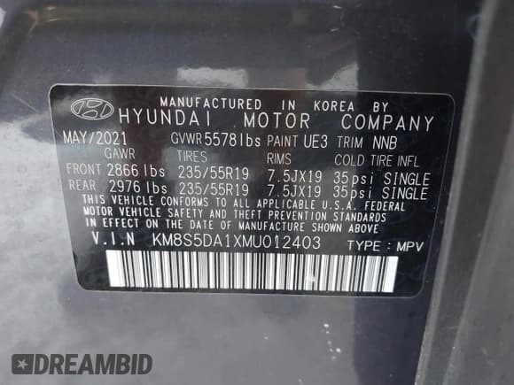 ✅ 2021 Hyundai Santa Fe Luxury • VIN: KM8S5DA1XMU012403 • Lot: 43363360. Listed on IAAI with 58,645 mi. Free auction sales archive from the USA and detailed vehicle history report at DreamBid. Image 9.