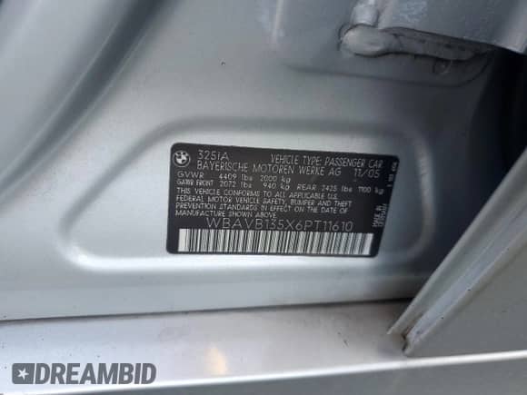 2006 BMW 3 Series 325i z VIN WBAVB135X6PT11610, wystawiony jako Copart lot #82766065 z przebiegiem Nie podano mil oraz Szkoda całkowita • Salvage title. Historia ofert i sprzedaży dostępna na DreamBid. Obrazek 12.