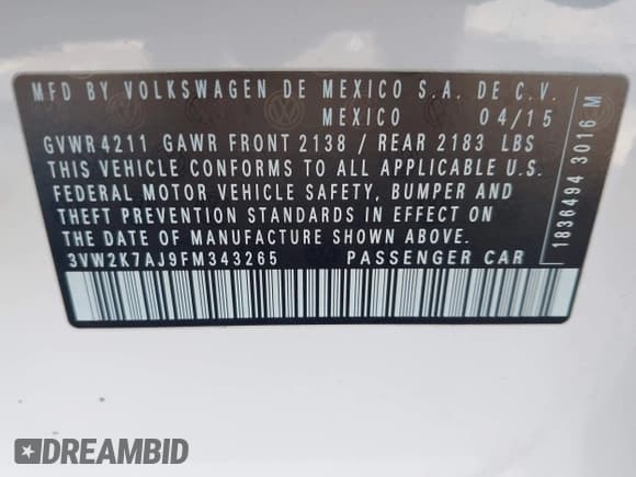 ✅ 2015 Volkswagen Jetta S • VIN: 3VW2K7AJ9FM343265 • Lot: 43704978. Wystawiony na IAAI z przebiegiem 77 334 mil. Bezpłatny archiwum sprzedaży aukcyjnych z USA i szczegółowy raport historii pojazdu na DreamBid. Zdjęcie 9.