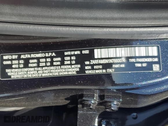 ✅ 2022 Alfa Romeo Giulia Veloce • VIN: ZARFAMBN1N7660074 • Lot: 52597895. Listed on Copart with 38,959 mi. Free auction sales archive from the USA and detailed vehicle history report at DreamBid. Image 12.