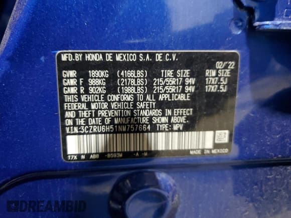 ✅ 2022 Honda HR-V EX • VIN: 3CZRU6H51NM757664 • Lot: 92103275. Wystawiony na Copart z przebiegiem 89 067 mil. Bezpłatny archiwum sprzedaży aukcyjnych z USA i szczegółowy raport historii pojazdu na DreamBid. Zdjęcie 13.