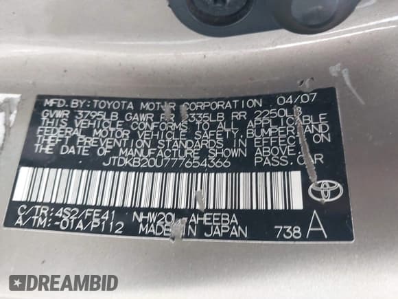 ✅ 2007 Toyota Prius • VIN: JTDKB20U777654366 • Lot: 43785987. Listed on IAAI with Not provided. Free auction sales archive from the USA and detailed vehicle history report at DreamBid. Image 9.