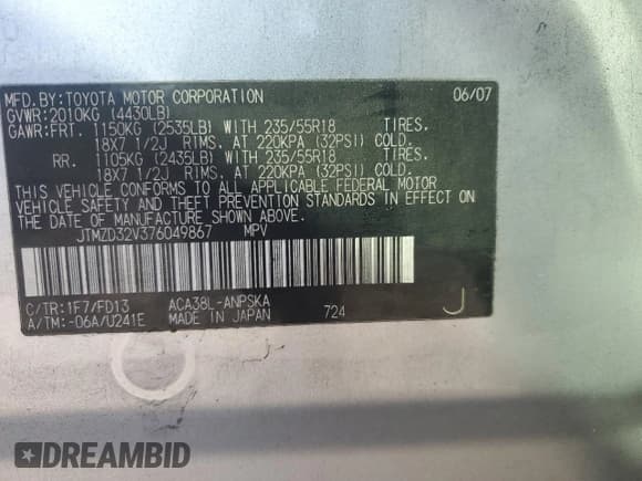 ✅ 2007 Toyota RAV4 Sport • VIN: JTMZD32V376049867 • Lot: 86206335. Listed on Copart with 226,055 mi. Free auction sales archive from the USA and detailed vehicle history report at DreamBid. Image 14.