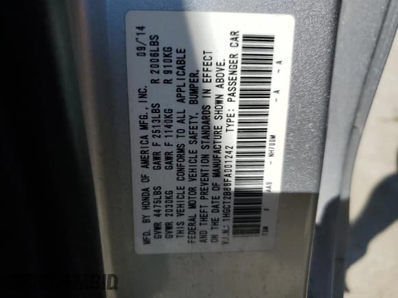 ✅ 2015 Honda Accord EX-L • VIN: 1HGCT2B86FA001242 • Lot: 57974405. Listed on Copart with 122,529 mi. Free auction sales archive from the USA and detailed vehicle history report at DreamBid. Image 12.