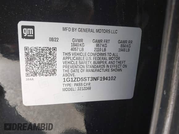 2022 Chevrolet Malibu LT with VIN 1G1ZD5ST3NF194102, listed as a IAAI auction lot 43364084 with 55,860 mi miles and . Bid and sale history available at DreamBid. Image 9.