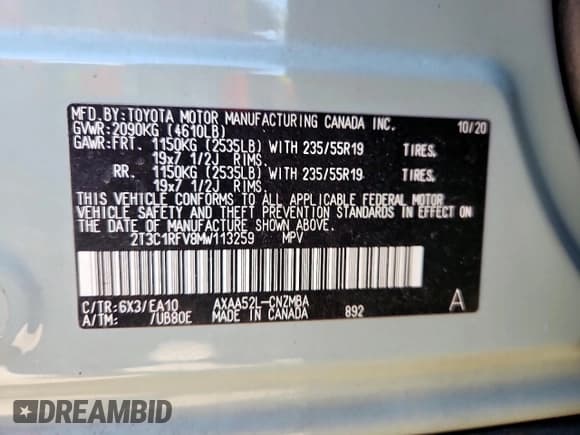 ✅ 2021 Toyota RAV4 XLE Premium • VIN: 2T3C1RFV8MW113259 • Lot: 91593335. Listed on Copart with 73,316 mi. Free auction sales archive from the USA and detailed vehicle history report at DreamBid. Image 14.