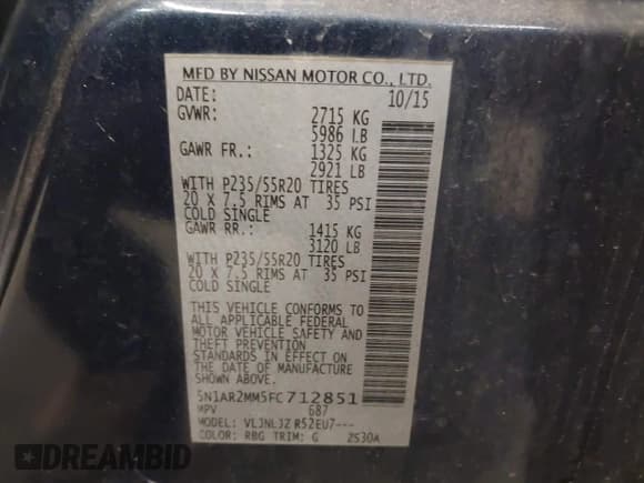 ✅ 2015 Nissan Pathfinder SL • VIN: 5N1AR2MM5FC712851 • Lot: 43283655. Listed on IAAI with 199,532 mi. Free auction sales archive from the USA and detailed vehicle history report at DreamBid. Image 9.