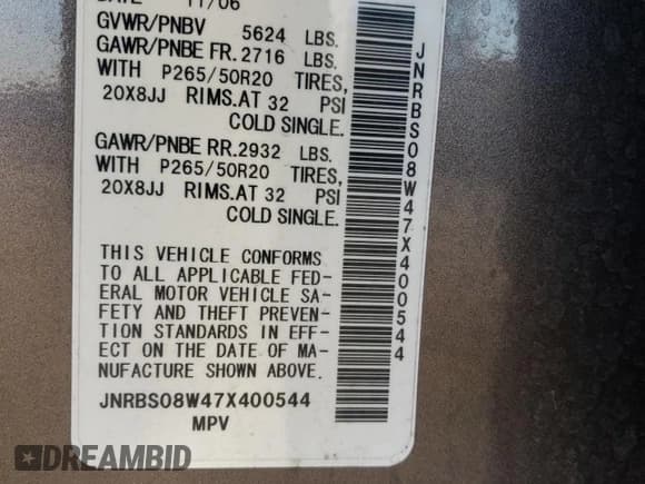 ✅ 2007 Infiniti FX • VIN: JNRBS08W47X400544 • Lot: 73293444. Wystawiony na Copart z przebiegiem Nie podano. Bezpłatny archiwum sprzedaży aukcyjnych z USA i szczegółowy raport historii pojazdu na DreamBid. Zdjęcie 13.