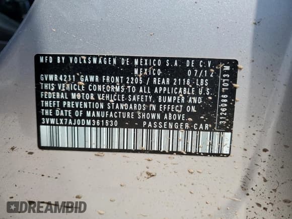 ✅ 2013 Volkswagen Jetta SEL • VIN: 3VWLX7AJ0DM361530 • Lot: 59305585. Listed on Copart with Not provided. Free auction sales archive from the USA and detailed vehicle history report at DreamBid. Image 13.